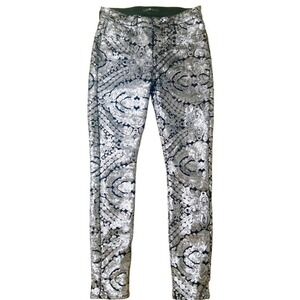 7 For All Mankind Silver Sequin Paisley Skinny Jeans Size 27 Metallic Black Pant